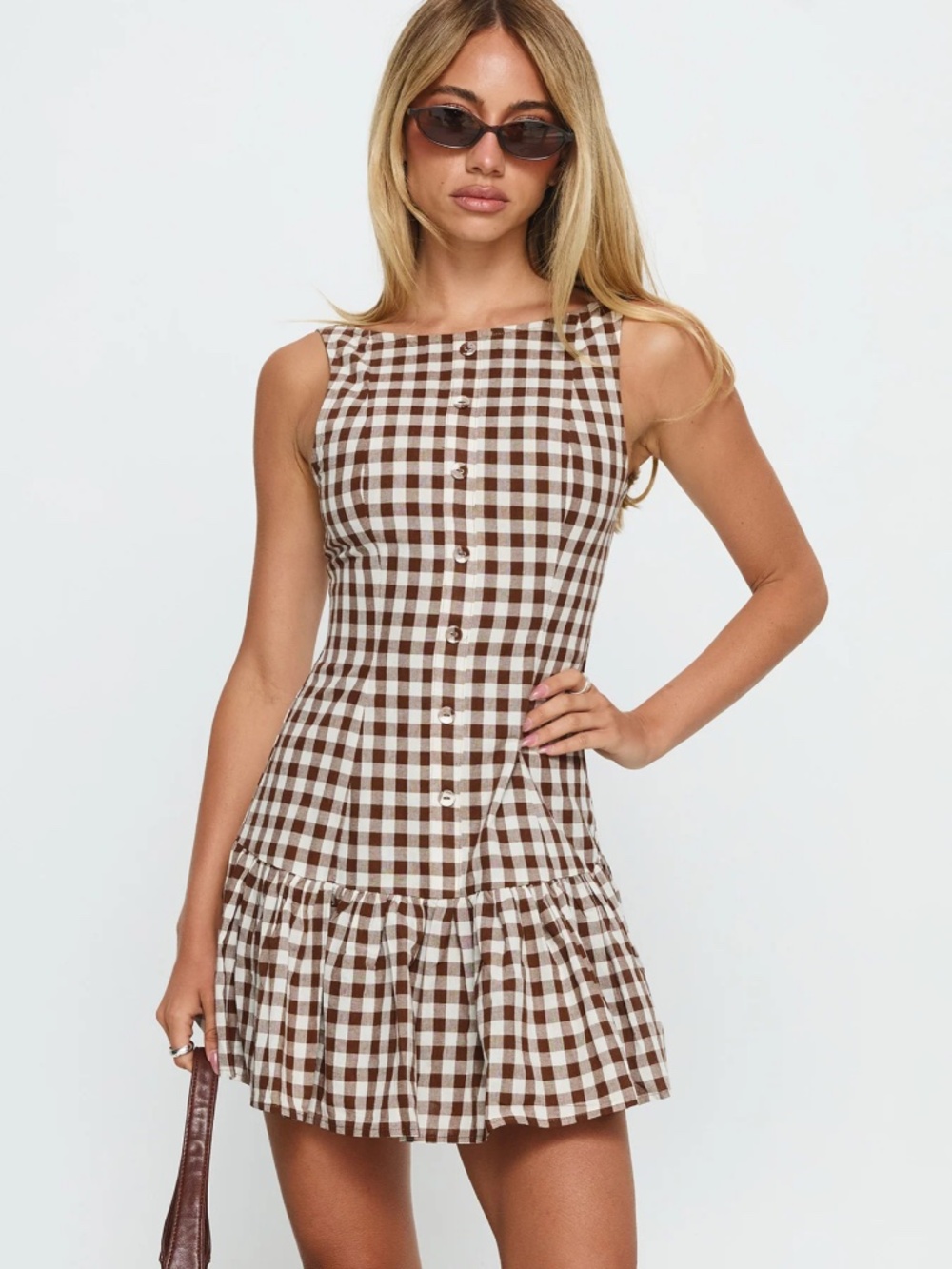 Princess Polly Kolbie Boat Neck Frill Mini Dress Brown Gingham